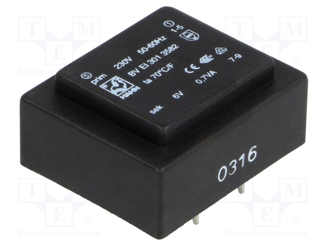 Transformer: encapsulated; 0.7VA; 230VAC; 6V; 117mA; Mounting: PCB