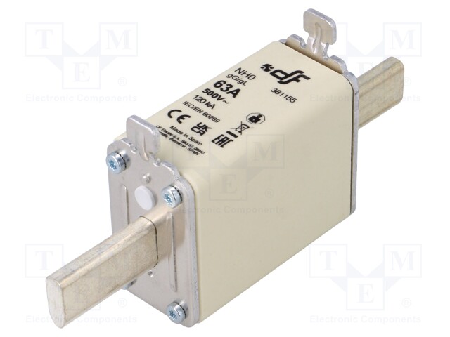 Fuse: fuse; gG; 63A; 500VAC; 250VDC; ceramic; NH0