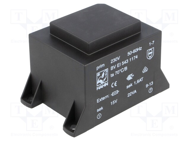 Transformer: encapsulated; 22VA; 230VAC; 15V; 1467mA; Mounting: PCB