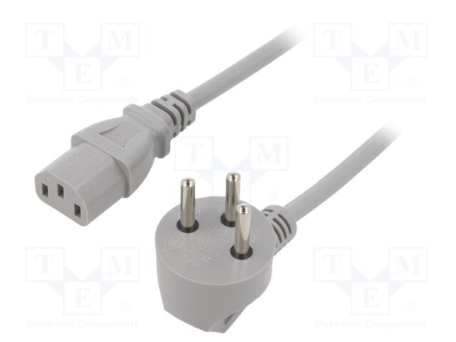 Cable; IEC C13 female,IS1-16P (H) plug angled; PVC; 1m; grey