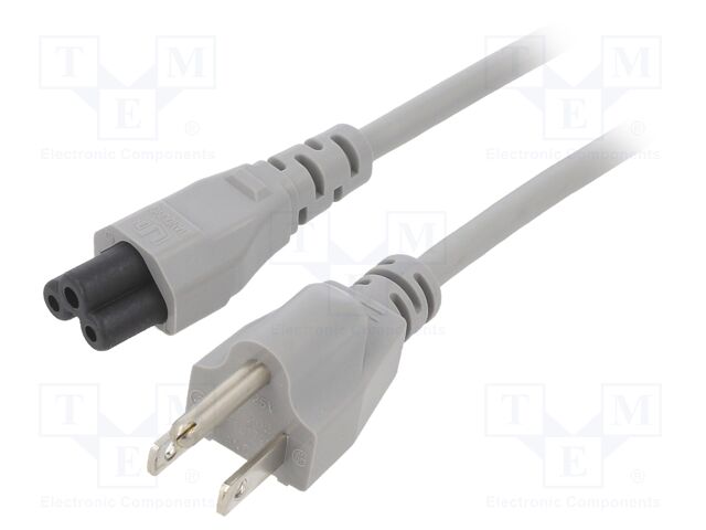 Cable; 3x18AWG; IEC C5 female,NEMA 5-15 (B) plug; PVC; 3m; grey
