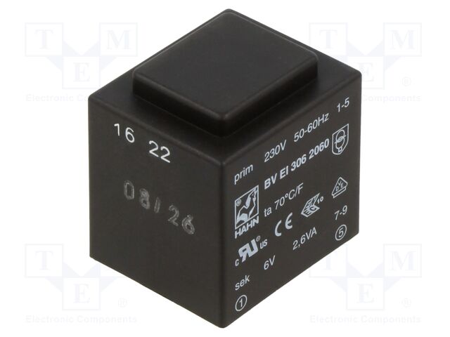 Transformer: encapsulated; 2.6VA; 230VAC; 6V; 434mA; Mounting: PCB