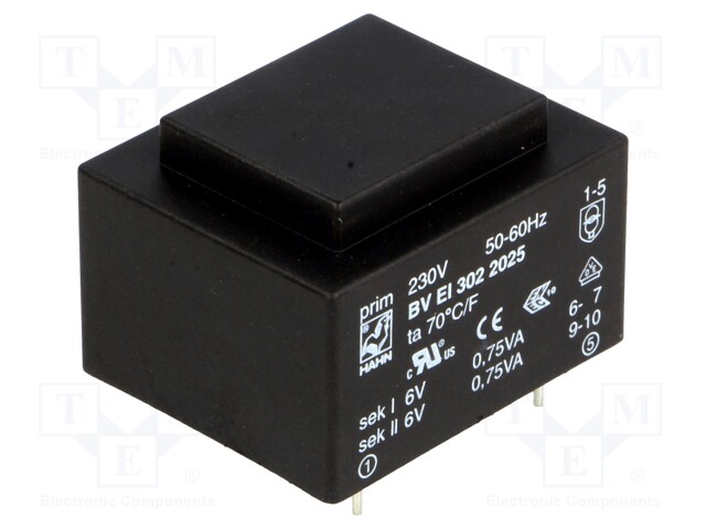 Transformer: encapsulated; 1.5VA; 230VAC; 6V; 6V; 125mA; 125mA; 70g