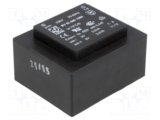 Transformer: encapsulated; 7VA; 230VAC; 9V; 9V; 389mA; 389mA; 250g