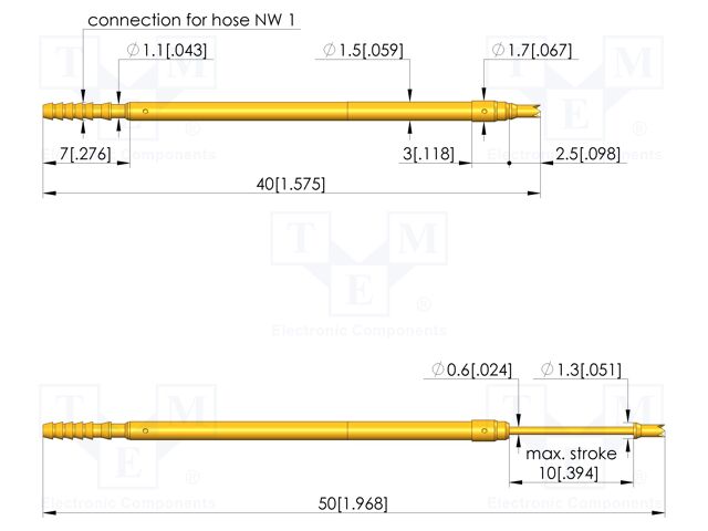 Test needle; Spring compression: 6mm; 10mm; 1A; steel; gold-plated