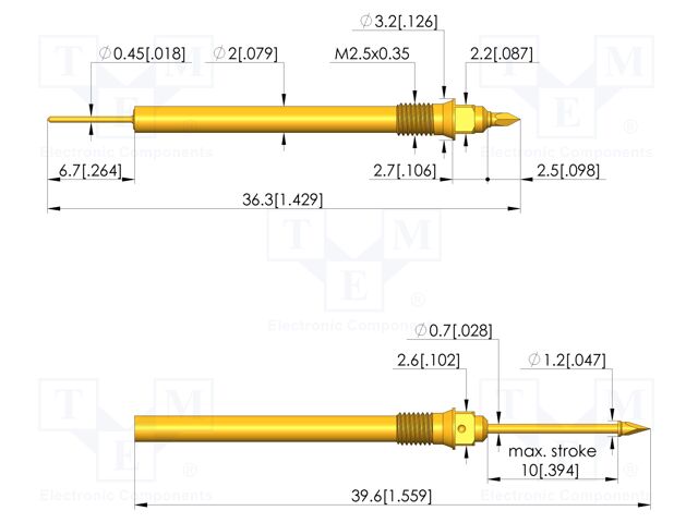 Test needle; Spring compression: 6mm; 10mm; 2A; steel; gold-plated