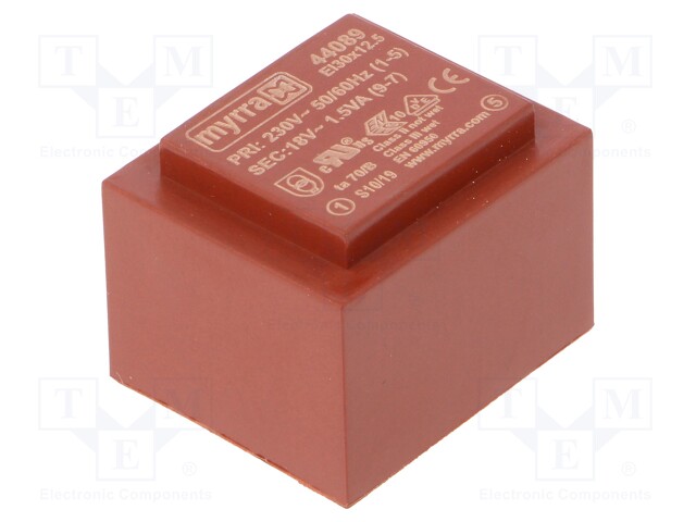Transformer: encapsulated; 1.5VA; 230VAC; 18V; 83mA; Mounting: PCB