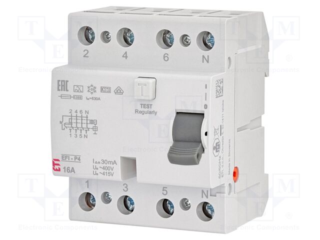 RCD breaker; Inom: 16A; Ires: 30mA; Poles: 4; 400V,415V; IP20; EFI