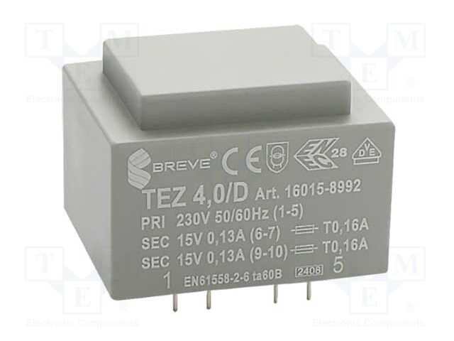 Transformer: encapsulated; 4VA; 230VAC; 15V; 15V; 133.3mA; 133.3mA