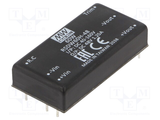 Converter: DC/DC; 60W; Uin: 40÷160V; Uout: 48VDC; Iout: 1.25A; 2"x1"