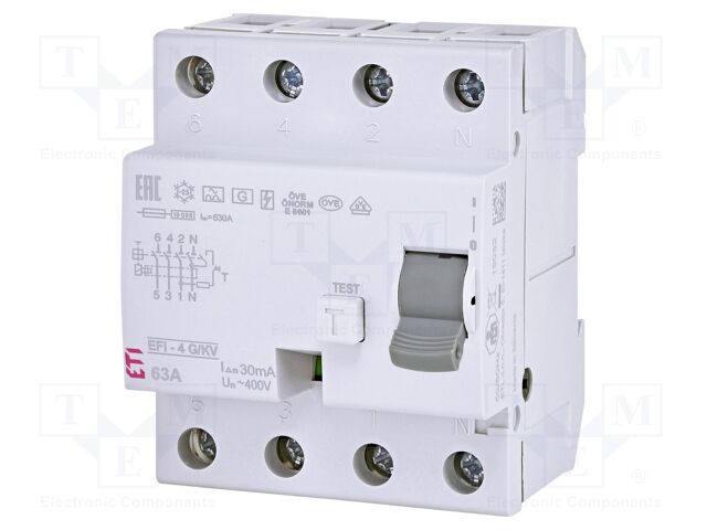RCD breaker; Inom: 63A; Ires: 30mA; Poles: 4; 400V,415V; IP20; EFI