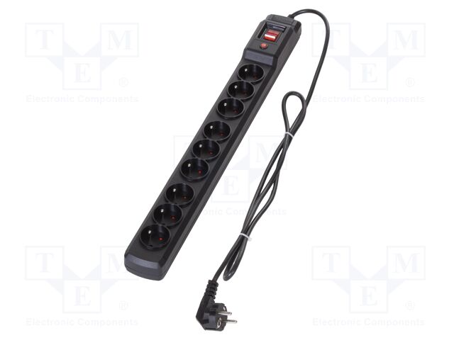 Plug socket strip: protective; Sockets: 9; 250VAC; 10A; black