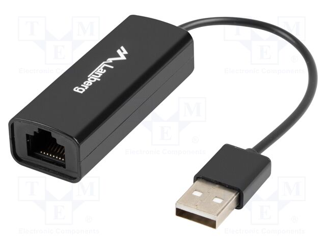 USB to Ethernet adapter; RJ45 socket,USB A plug; USB 2.0; black