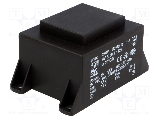 Transformer: encapsulated; 16VA; 230VAC; 7.5V; 7.5V; 1067mA; 1067mA