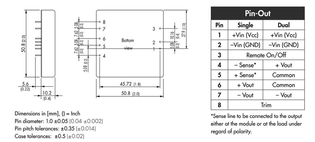 Converter: DC/DC; 40W; Uin: 18÷75V; 12VDC; Iout: 3350mA; 2"x2"; 60g