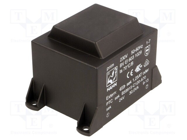 Transformer: encapsulated; 30VA; 230VAC; 24V; 1250mA; Mounting: PCB