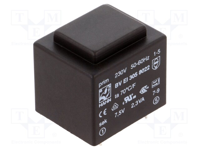 Transformer: encapsulated; 2.3VA; 230VAC; 7.5V; 307mA; 111g