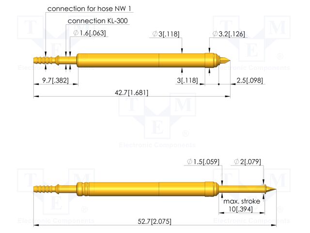Test needle; Spring compression: 6mm; 10mm; 2A; steel; gold-plated