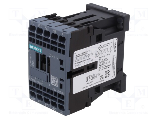 Contactor: 3-pole; NO x3; Auxiliary contacts: NC; 24VAC; 7A; 3RT20