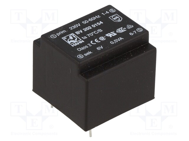 Transformer: encapsulated; 0.5VA; 230VAC; 6V; 83mA; Mounting: PCB