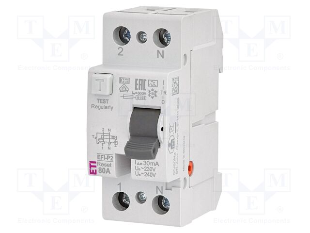RCD breaker; Inom: 80A; Ires: 30mA; Poles: 2; 230V,240V; IP20; EFI