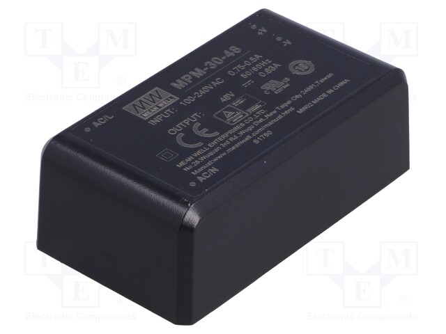 Power supply: switched-mode; modular; 30W; 48VDC; 69.5x39x24mm