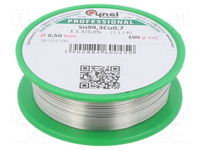 Soldering wire; Sn99,3Cu0,7; 0.5mm; 100g; lead free; Package: reel