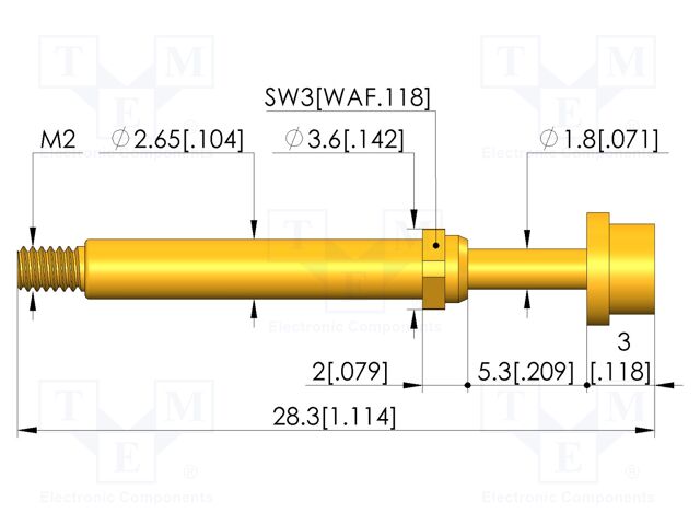 Test needle; Spring compression: 4mm; 5mm; 8A; CuBe; gold-plated
