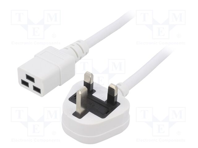 Cable; 3x1.5mm2; BS 1363 (G) plug,IEC C19 female; PVC; 1m; white