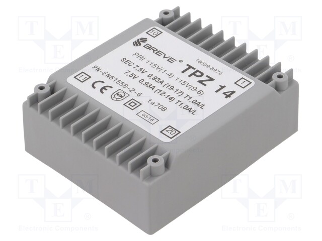 Transformer: mains; 14VA; 115VAC; 7.5V; 7.5V; Mounting: PCB; IP00