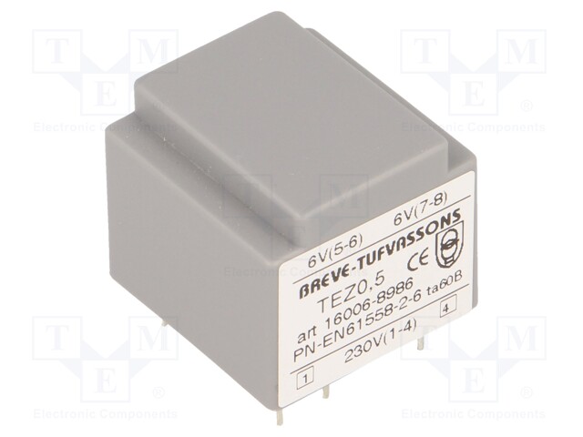 Transformer: encapsulated; 0.5VA; 230VAC; 6V; 6V; 41.6mA; 41.6mA