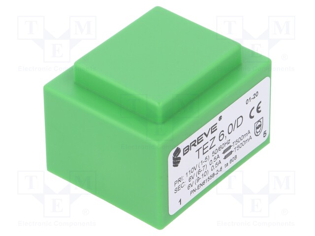 Transformer: encapsulated; 6VA; 110VAC; 6V; 6V; 500mA; 500mA; IP00