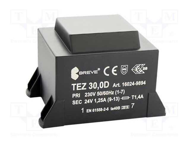 Transformer: encapsulated; 30VA; 230VAC; 24V; 1250mA; Mounting: PCB