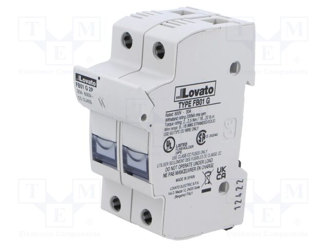 Fuse base; 10x38mm; for DIN rail mounting; 30A; 600VAC; Poles: 2