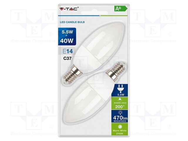 LED lamp; white cold; E14; 220÷240VAC; 470lm; P: 5.5W; 200°; 6400K