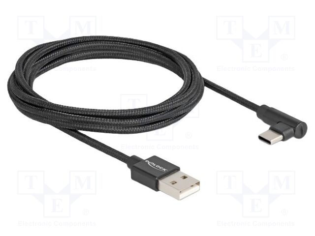 Cable; USB 2.0; USB A plug,USB C plug 90° left/right; 2m; black