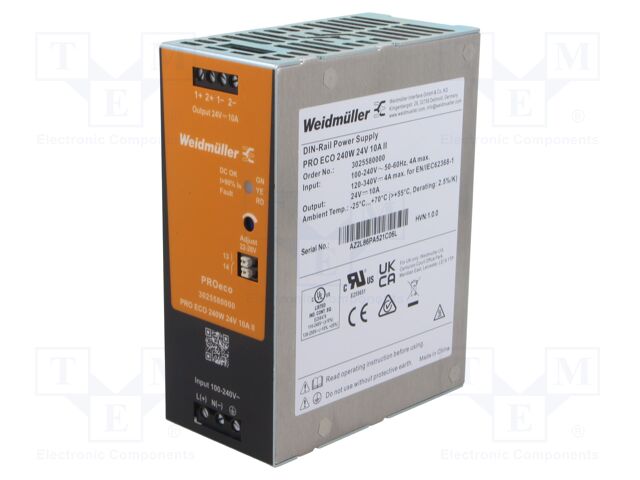 Power supply: switching; for DIN rail; 240W; 24VDC; OUT: 1; PRO ECO
