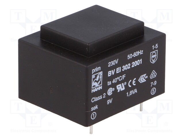Transformer: encapsulated; 1.8VA; 230VAC; 9V; 200mA; Mounting: PCB