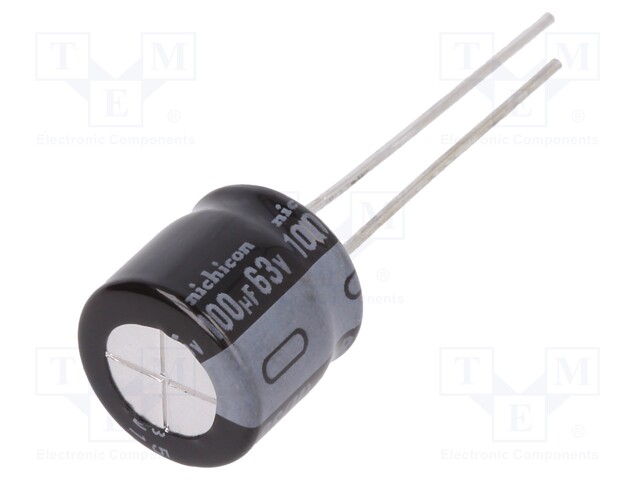 Capacitor: electrolytic; THT; 100uF; 63VDC; Ø10x9mm; Pitch: 5mm