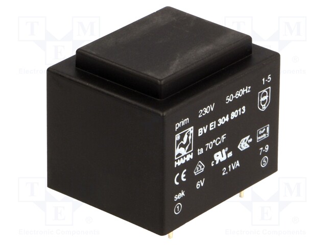 Transformer: encapsulated; 2.1VA; 230VAC; 6V; 350mA; Mounting: PCB