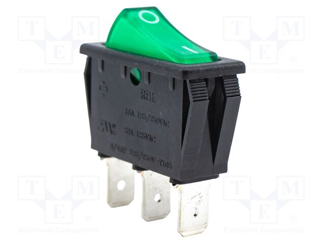 ROCKER; SPST; Pos: 2; OFF-ON; 16A/250VAC; Backlight colour: green