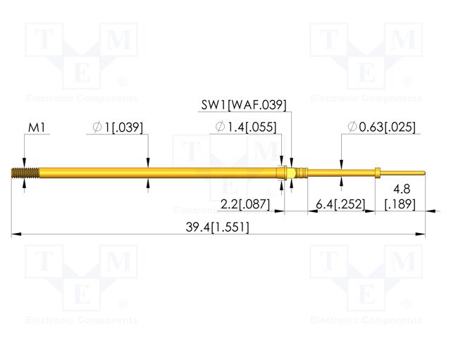 Test needle; Spring compression: 4.3mm; 6.35mm; 3A; CuBe; Ø: 0.4mm