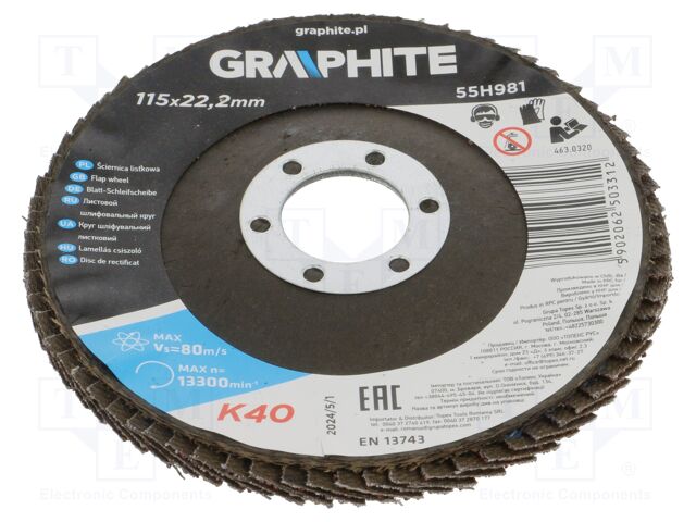 Flap grinding wheels; Ø: 115mm; Øhole: 22.2mm; Granularity: 40