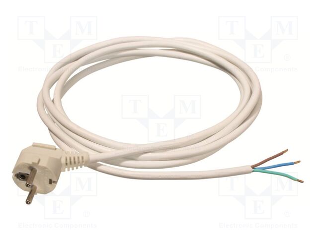Cable; 3G1mm2; CEE 7/7 (E/F) plug angled,wires; PVC; 3m; white