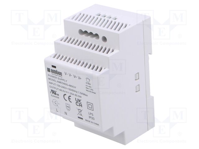 Power supply: switched-mode; for DIN rail; 60W; 48VDC; 1.25A; 3kV