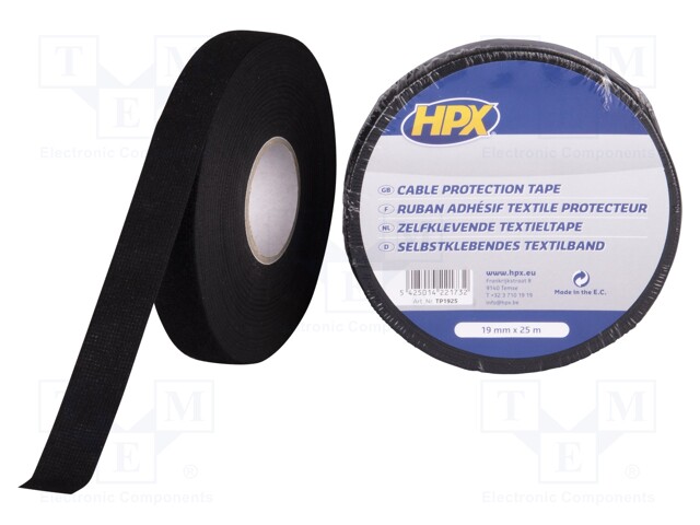 Tape: textile; W: 19mm; L: 25m; Thk: 0.3mm; caoutchouc; black; 20%