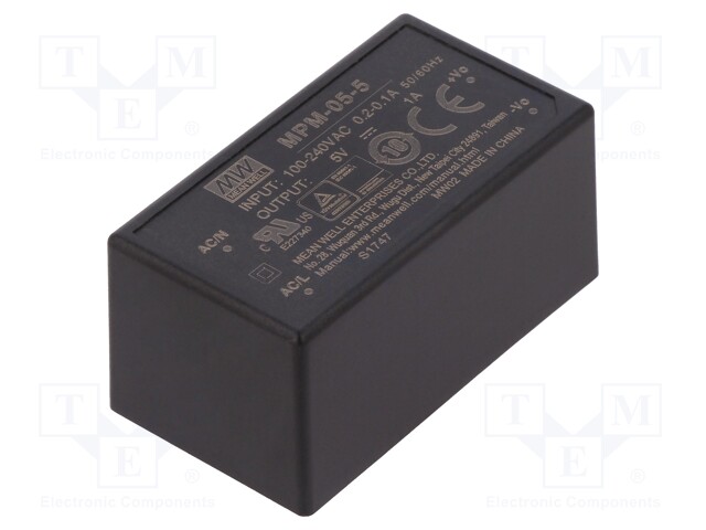 Power supply: switched-mode; modular; 5W; 5VDC; 45.7x25.4x21.5mm