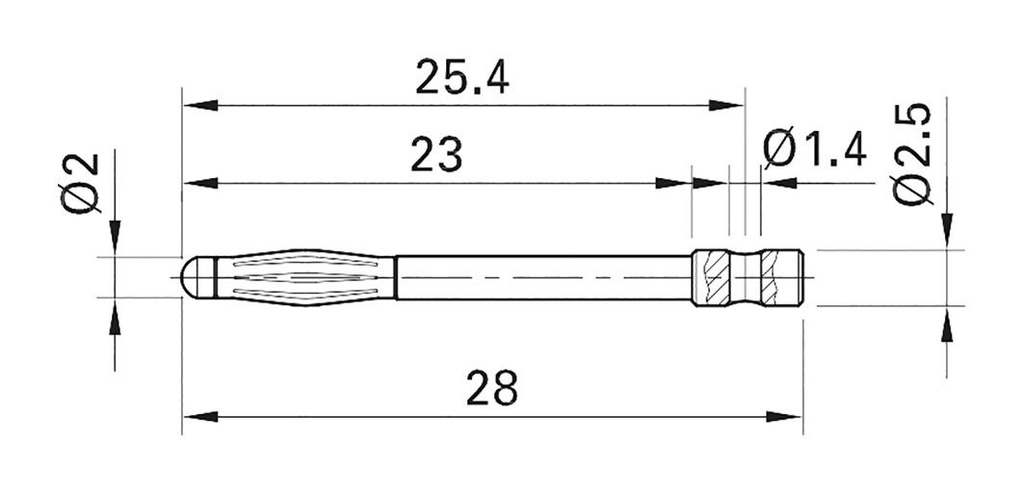 Plug; 2mm banana; 25A; nickel plated; max.150°C; Ø: 2.5mm; L: 28mm