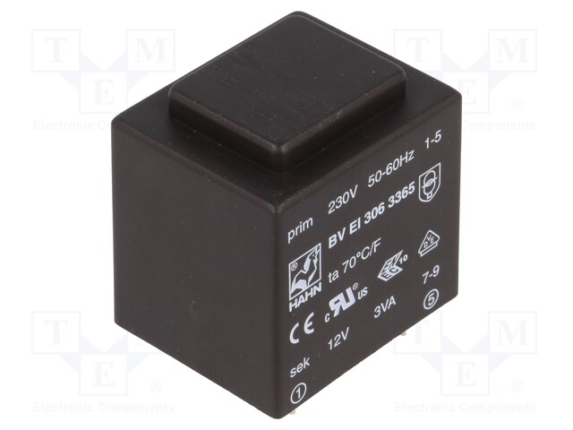 Transformer: encapsulated; 3VA; 230VAC; 12V; 250mA; Mounting: PCB
