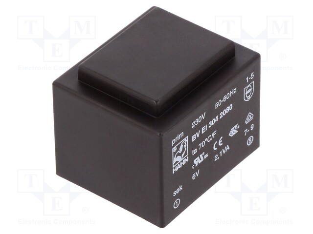 Transformer: encapsulated; 2.1VA; 230VAC; 6V; 350mA; Mounting: PCB